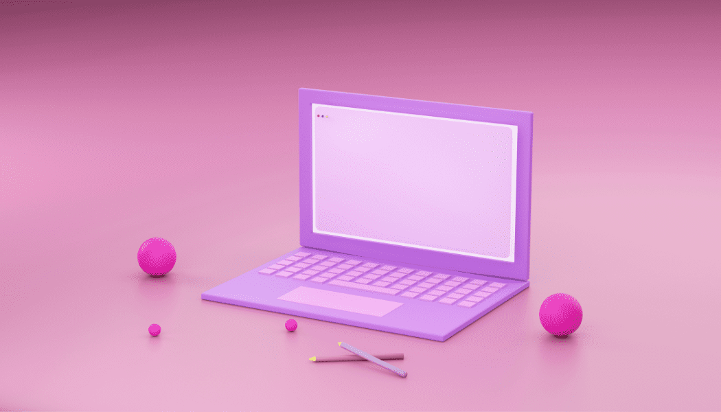 Kuvassa on 3D mallintamalla piirretty tietokone. Kuvassa on pinkki tausta. Kyseessä on nettisivujen kuvituskuva.